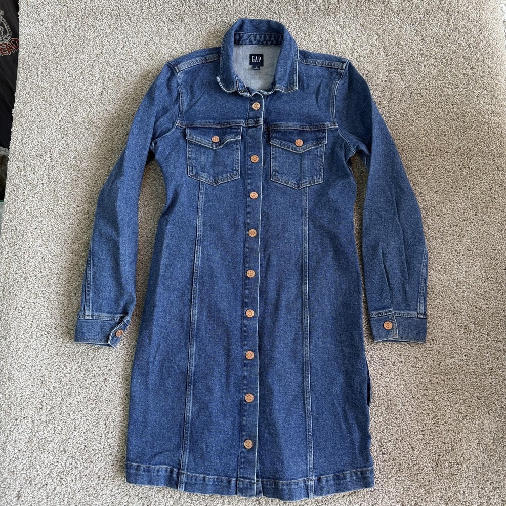 Gap Shirt Dress Womens M Blue Denim Long Sleeve Collared Button Knee Length